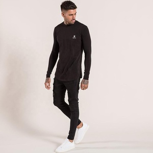 Black Color Long Sleeve Ribbed Cuff <b>Curved</b> <b>Hem</b> <b>Men</b> <b>T</b>-<b>shirt</b> High Quality 65% Polyester 35% Cotton 140gsm Black Colour <b>t</b> <b>Shirts</b> - Product Image 2