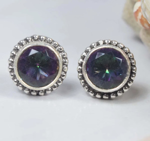 Boucles d'oreilles Topaze Mystique en argent sterling 925 Pierre ronde Pierre de naissance d'avril Bijoux faits main Cadeau de Noël - Product Image 1