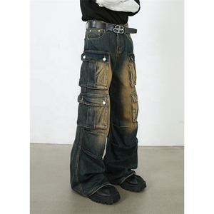Jean baggy ample et ample personnalisé pour hommes, taille haute, poches cargo, jean en denim épais délavé vintage pour hommes - Product Image 4