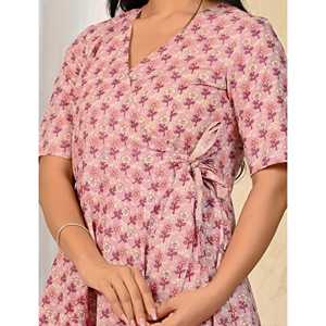 Vestido Cruzado Casual de Algodón Estampado Liliac Butta XS/Estilo Elegante y Moderno, Transpirable, Talla Única, Largo hasta la Rodilla, Natural, para Salir de Fiesta - Product Image 2