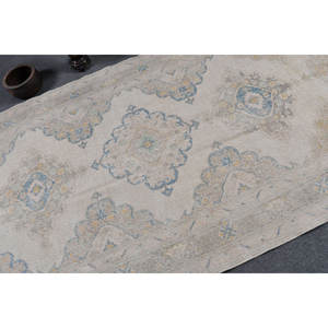 Alfombra turca Vintage de 4 pies, 8x12 pies y 5 pulgadas, alfombra de lana tejida plana Beige y azul con respaldo de látex para decoraciones de sala de estar - Product Image 5