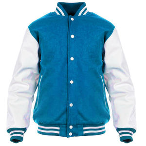 Sky Blue White Wool Letterman Varsity Jacket Real Leather Sleeves Plain Design Customizable for <b>Kids</b> & Adults Premium Quality - Product Image 1