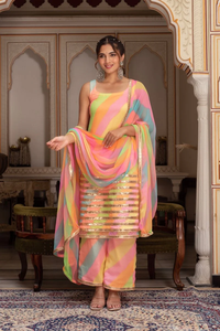 Gulabi Galiyan Radha Multicolor Casual Dress Set Adolescentes Algodón Gasa Leheriya Georgette Natural Cintura Hueco - Product Image 3