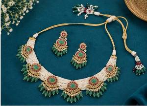 TISHYA DIAMOND Gold Plated Alloy Necklace Earring <b>Set</b> Ruby Brilliant Cut Imitation <b>Pearl</b> Tassel Ethnic Wedding <b>Jewelry</b> Women - Product Image 3