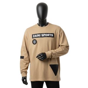 Mens premium 240 GSM cotton knit <b>long</b> sleeve <b>t</b> <b>shirt</b> beige <b>black</b> panel heat transfer logo relaxed street style <b>T</b>-<b>shirt</b> for men - Product Image 1