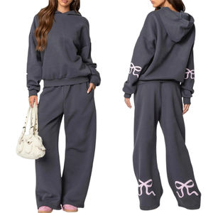 Conjunto de conjuntos sueltos Y2K de 2 piezas para mujer, jersey con capucha de manga larga con estampado de lazo, sudaderas de cintura elástica + Pantalones, chándal - Product Image 2