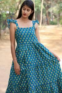 Hand Block Printed <b>Dress</b> <b>Sleeveless</b> Indian Cotton <b>Summer</b> <b>Dress</b> blue Long Gown with Hand Block Printed Floral Design ODM Supply - Product Image 3
