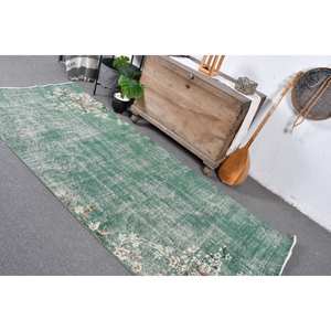 Alfombra Turca Vintage de Lana 3.8x8.9 pies, Ecológica, Pelo Medio, Verde y Blanca, Tejido Plano, Patrón de Patchwork, Decoración para Comedor - Product Image 4