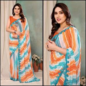 Élégant Ethnique Soie Lourde Georgette Banglori Blouse Miroir Dentelle Motif Floral Fantaisie Bandana Saree Écologique Extensible - Product Image 3