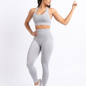 Leggings de gymnastique solides taille moyenne pour femmes ensemble de Yoga respirant sans couture 2 pièces équipement d'entraînement Logo avant fermeture à cordon de serrage en gros - Product Image 3