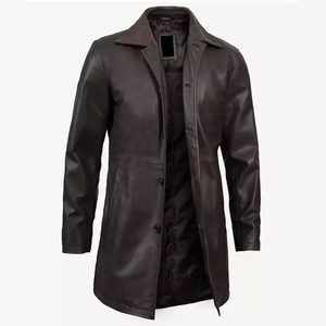 Abrigo Largo de Cuero Genuino para Hombre, Cuello Camisero, Cierre de un Solo Botón, Manga Regular, Grosor Estándar - Product Image 6