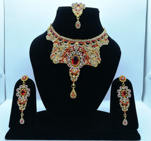 Antique Style Crystal Rhinestone Handmade Platinum Plated Wedding Necklace Earrings Headpiece Maang Tikka Set Designed for - Product Image 1