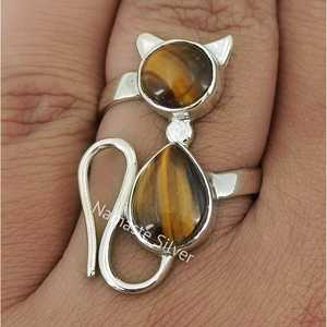 Handmade Tiger's Eye Sterling Silver Cat <b>Ring</b> Boho <b>Statement</b> Jewelry for Her for Birthday Anniversary Valentine's Day Gift - Product Image 1