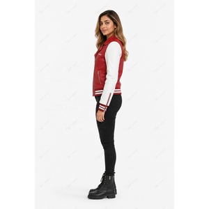 Veste universitaire en similicuir rouge pour femme Tiierwear, manches longues, fermeture éclair, design contrasté, vêtement d'automne - Product Image 3