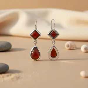 Boucles d'oreilles pendantes en argent 925 avec cornaline pour femmes - Product Image 3