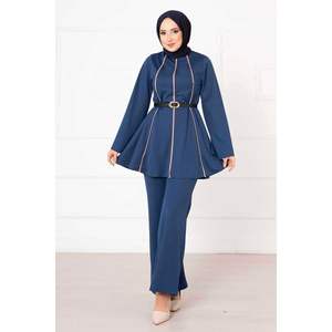 Mevlana Conjunto Informal De Dos Piezas Índigo Con Detalle De Ribetes Tejido De Punto De Algodón Para Verano Y Otoño - Product Image 4