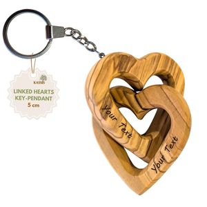 Personalized Olive Wood Connected Hearts Keychain 5 cm Custom Engraved <b>Couple</b> Key <b>Ring</b> Handmade in Bethlehem - Product Image 1