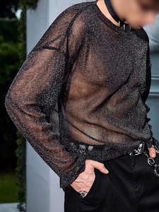 <b>Rhinestone</b> Shiny Sheer <b>Tops</b> See Through High Quality 100% Polyester Glitter <b>Mesh</b> Tee Oversize <b>Rhinestone</b> Black Shirt <b>Tops</b> - Product Image 3