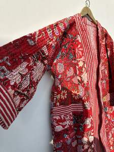 Hot Selling Indian Handmade Kantha Quilted Cotton Patchwork Long Winter Jacket for Women Autumn Season Robe <b>Belt</b> Finished - Product Image 4