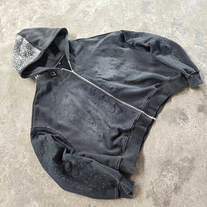 Sweat à capuche surdimensionné à fermeture éclair en tissu épais de style streetwear avec logo personnalisé de haute qualité Y2K délavé à l'acide et orné de strass pour hommes - Product Image 1