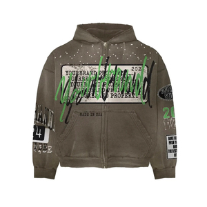 ผู้ผลิตเสื้อฮู้ดดี้ผ้าเฟรนช์เทอร์รี่แบบครอป สตรีทแวร์ แต่งยับ สไตล์วินเทจ ซิปหน้า ประดับคริสตัล - Product Image 3