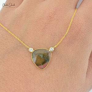 Collar con Colgante de Diamante Blanco Natural de 0.15CTW, Oro Amarillo Real de 14k, Forma de Sandía, Gema de Turmalina, para Mujer - Product Image 4