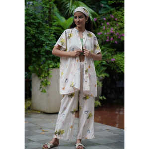 Ensemble 2 pièces Beachwalk style kaftan, paréo de plage, impression numérique avec logo personnalisé, comprenant chemise et pantalon 100% coton, col montant - Product Image 4