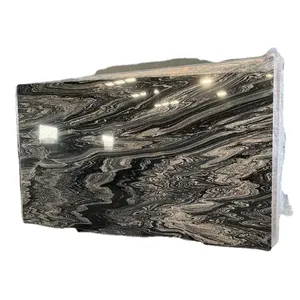 Latest Collection Mirror Polish Indian Black Granite with Swirl Sea Forest Design Big Stone and Cut to Size Tiles for Toilets