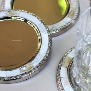 Round Shape Metal Mother of Pearl Drink Serving <b>Coaster</b> With Holder <b>Silver</b> Plated for Tabletop Drinks Serving <b>Coaster</b> - Product Image 5