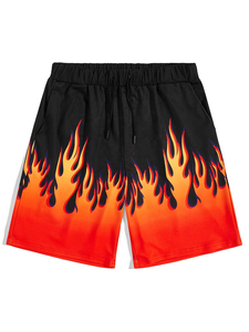 Shorts décontractés d'été tendance pour hommes, coupe ample, imprimé flamme noir et rouge, streetwear, cordon de serrage, élastique, non tissé, 100% coton - Product Image 5