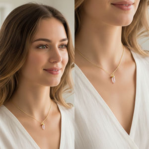 Trendy Rose Quartz <b>Small</b> Bullet Shape Gold Plated <b>Pendant</b> Sterling Silver Ball Chain <b>Necklace</b> for Engagement Wedding Party - Product Image 6