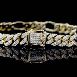 Bracelet à maillons cubains, Bracelet pour homme en diamant blanc taille ronde, Bracelet plaqué or jaune, Bracelet Hip Hop, Cadeaux pour lui, Rappeur - Product Image 2