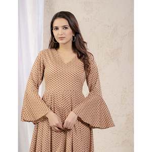 Vestido Largo Estampado de Algodón en Tonos Pastel Oscuros, Casual y Elegante, Talla XS, Largo hasta la Rodilla, Decoración Drapeada, Transpirable, Cintura Natural - Product Image 1