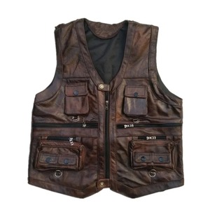 Cowhide <b>Leather</b> Vest Men Brown Waistcoat Male <b>Sleeveless</b> <b>Jacket</b> Thick High Quality Motorcycle Vest Multi Pocket Zipper - Product Image 5