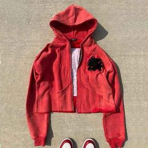 เสื้อฮู้ดดี้สไตล์วินเทจผ้าเฟรนช์เทอร์รี่ซิป ย้อมสีเอซิด แต่งลายปักแบบดิสเทรส ปะติด แอพพลิเค่ ทรงครอป ผ้าฝ้าย 100% สำหรับฤดูใบไม้ผลิ ผลิตตามสั่ง - Product Image 4