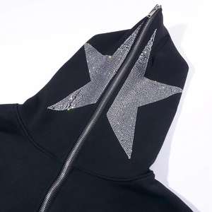 Unisex Y2K <b>Black</b> Full Face <b>Zip</b> Oversized <b>Hoodie</b> Rhinestone Men's Pullover Sweatshirt Heavy Weight Custom Full <b>Zip</b> Oversized - Product Image 3