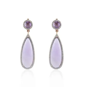 Trending Authentic Amethyst Studded With Diamond Dangle Earrings 14K Pure Rose Gold Gemstone Earrings Fashion Jewelry Women