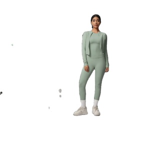 Conjunto de tres piezas ligero de alta calidad, pantalones de Yoga de Color sólido, bolsillos, parte superior de manga larga, cintura elástica, estiramiento de cuatro vías - Product Image 2