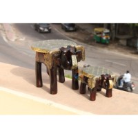 Ensemble de tabouret éléphant en bois fabriqué à la main avec travail en laiton-Table polyvalente décorative pour la maison-Lot de 2 console incrustée d'os