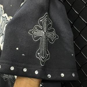 T-shirts d'été épais pour hommes en coton personnalisés, délavés à l'acide, brodés et ornés de strass, vêtements décontractés - Product Image 5