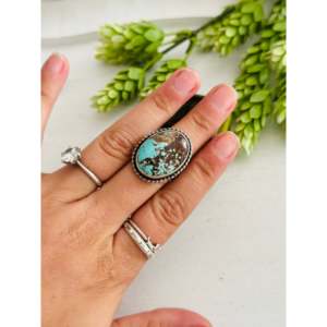 Eli Skeets #8 Turquoise & Sterling <b>Silver</b> Adjustable <b>Ring</b> with <b>Garnet</b> Handmade Jewelry for Everyday Wear Rhodium Plated - Product Image 2