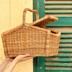 Cadre en bois panier en rotin panier pique-nique avec couvercle du Vietnam grand panier de récolte en osier léger excursions d'une journée - Product Image 6