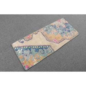 Alfombra Turca Pequeña de 1.3x3.2 pies (41x99 cm), Alfombra de Lana Vintage con Diseño de Plantas y Árboles Azules - Product Image 4