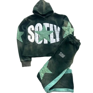 Ensemble de survêtement personnalisé pour homme, effet délavé, avec appliqué, grande taille, sweat à capuche et pantalon de survêtement 100 % coton, motif uni, style streetwear pour l'automne - Product Image 5