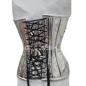 Corset Overbust en PVC Vinyle Argenté Brillant à Haute Compression et Maintien Ferme avec Lacets Latéraux - Product Image 6
