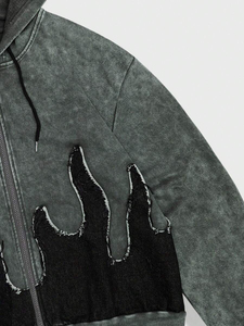 Sudadera con capucha vintage con cremallera lavada y detalle de puntada de llama negra, Sudadera con capucha desgastada en blanco de Terry francés de algodón para hombre, chaqueta con - Product Image 5