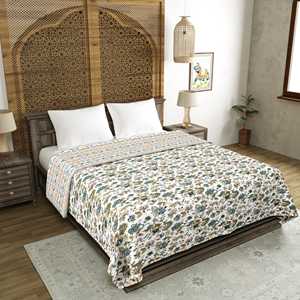 Manta de verano doble Dohar hecha a mano con estampado de bloques de la India en verde Ikat 205x250cm - Product Image 2