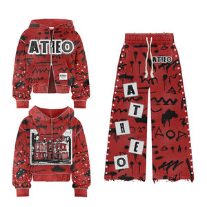 Streetwear personnalisé sweat à capuche zippé pour hommes en détresse lavage à l'acide lourd strass pantalon de survêtement et ensemble de sweat à capuche - Product Image 5