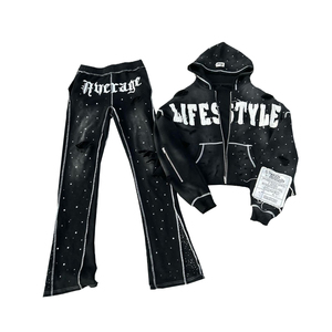 Sudadera con capucha y pantalones de chándal de invierno con parche bordado de dos piezas personalizado con apliques de algodón - Product Image 1