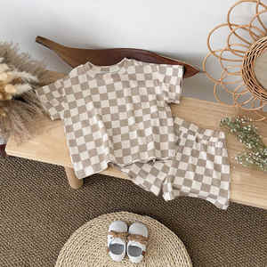 Enfant en bas âge tenues d'été col rond motif grille T-shirt + taille élastique Shorts 2 pièces ensemble de vêtements décontracté bébé filles garçons à manches courtes - Product Image 2